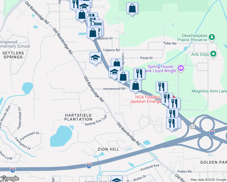 map of restaurants, bars, coffee shops, grocery stores, and more near 1809 Homewood Road in Tallahassee