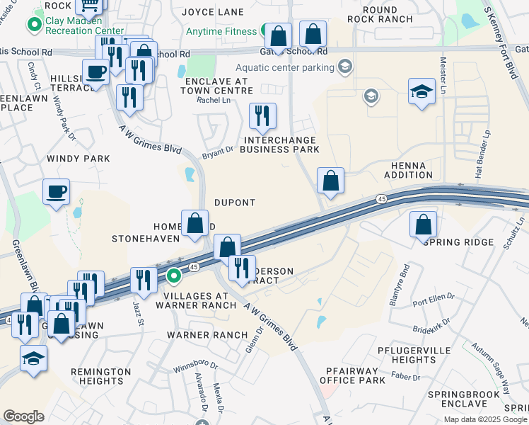 map of restaurants, bars, coffee shops, grocery stores, and more near 1300 Louis Henna Boulevard in Round Rock