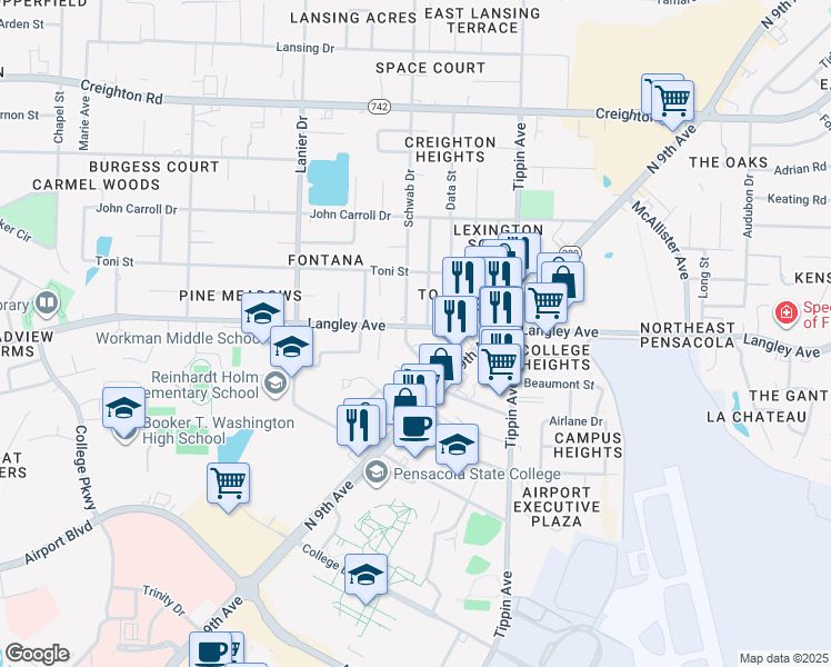 map of restaurants, bars, coffee shops, grocery stores, and more near 6221 Schwab Drive in Pensacola