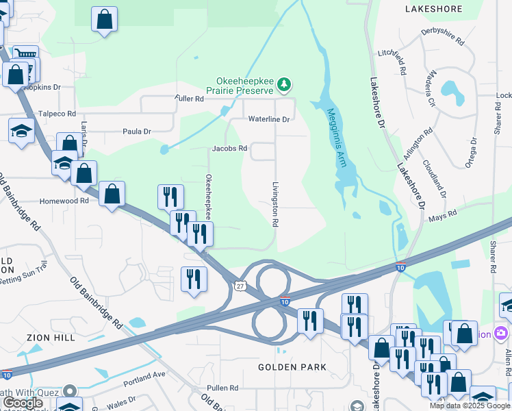 map of restaurants, bars, coffee shops, grocery stores, and more near 3022 Livingston Road in Tallahassee