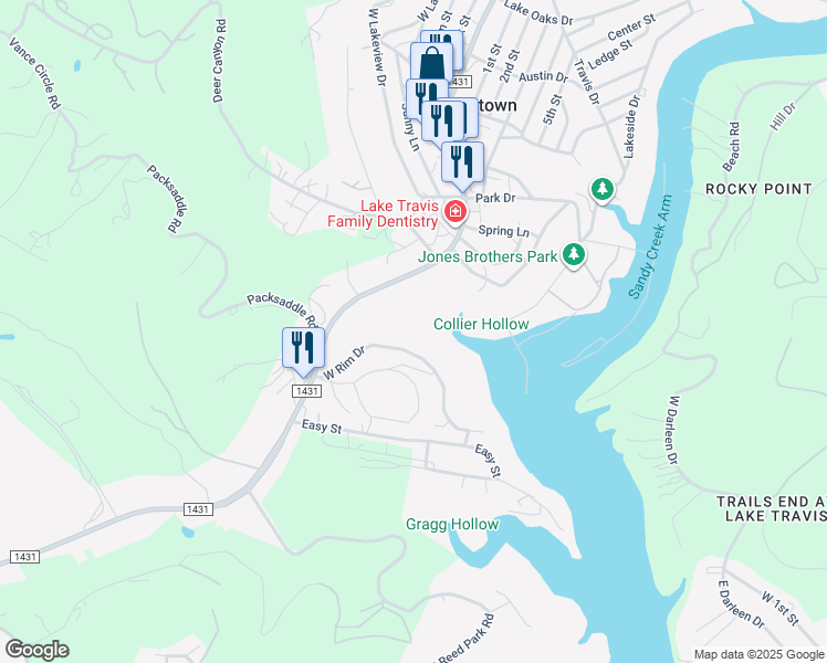 map of restaurants, bars, coffee shops, grocery stores, and more near 18410 West Rim Drive in Jonestown