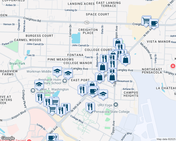 map of restaurants, bars, coffee shops, grocery stores, and more near 1877 Loyola Street in Pensacola