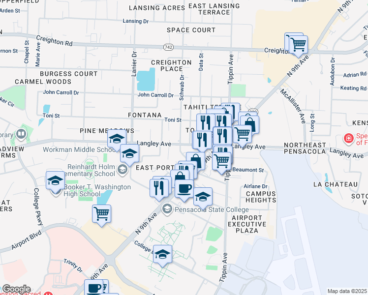 map of restaurants, bars, coffee shops, grocery stores, and more near 2107 Langley Avenue in Pensacola
