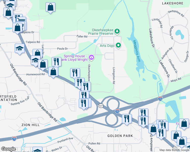map of restaurants, bars, coffee shops, grocery stores, and more near 1348 Vickers Rd in Tallahassee