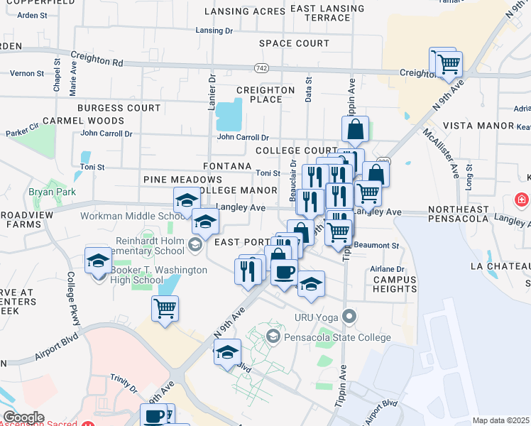 map of restaurants, bars, coffee shops, grocery stores, and more near 1877 Loyola Street in Pensacola