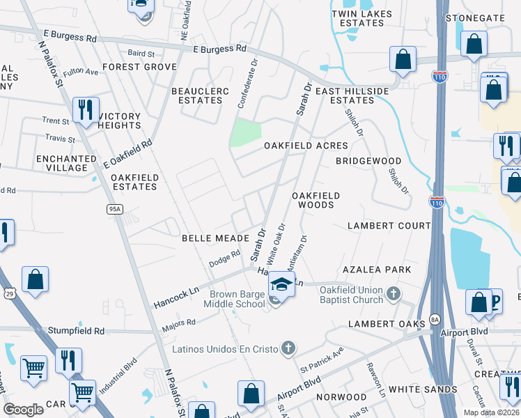 map of restaurants, bars, coffee shops, grocery stores, and more near 5921 Sarah Drive in Pensacola