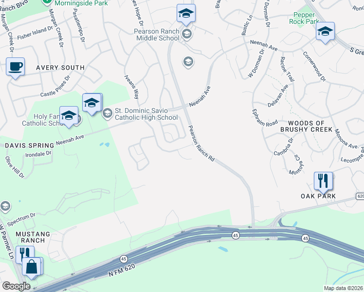 map of restaurants, bars, coffee shops, grocery stores, and more near 14304 Iveans Way in Austin