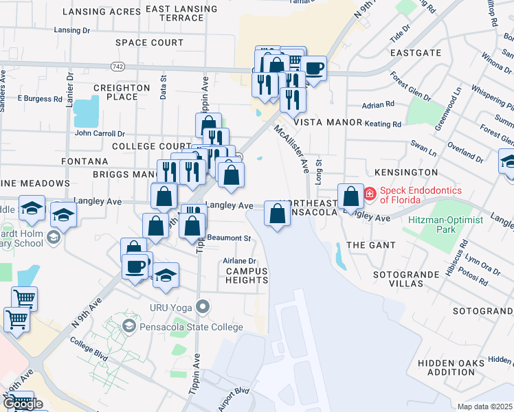 map of restaurants, bars, coffee shops, grocery stores, and more near 2611 Langley Avenue in Pensacola
