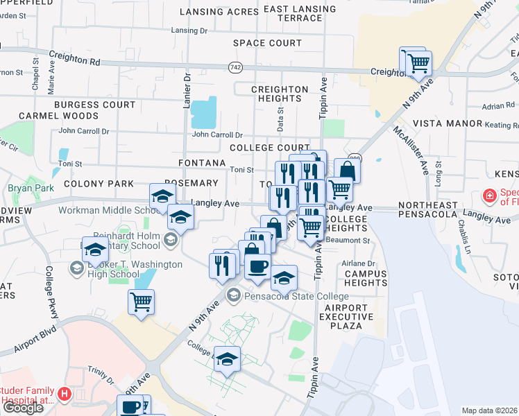 map of restaurants, bars, coffee shops, grocery stores, and more near 6221 Schwab Drive in Pensacola