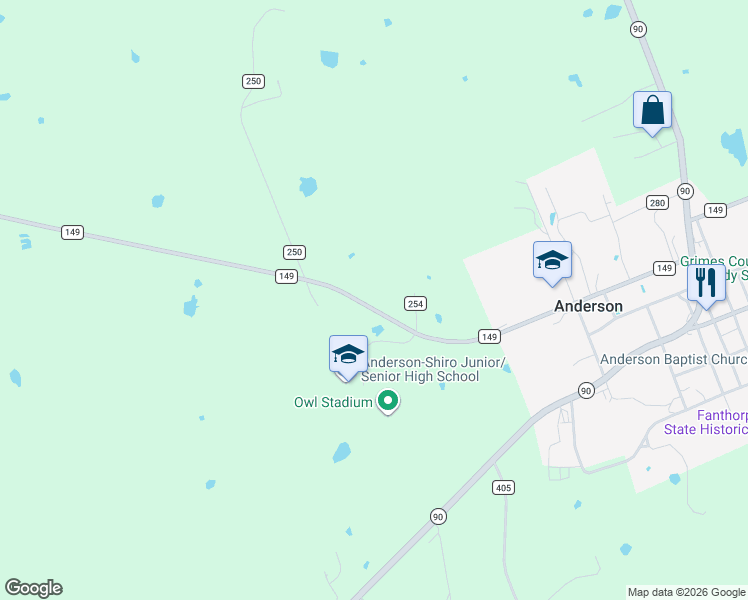 map of restaurants, bars, coffee shops, grocery stores, and more near 1554 Farm to Market 149 in Anderson