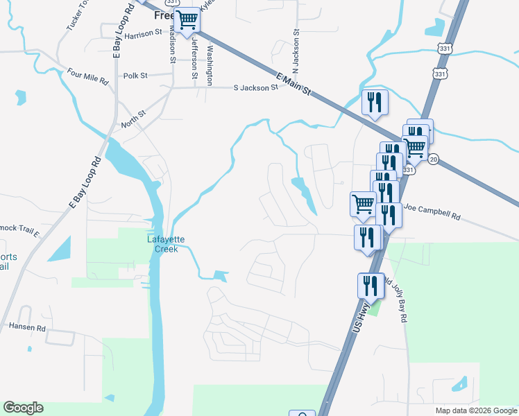 map of restaurants, bars, coffee shops, grocery stores, and more near 823 Marquis Way in Freeport