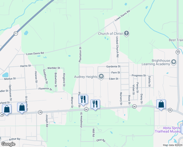map of restaurants, bars, coffee shops, grocery stores, and more near 21116 Fern Street in Covington