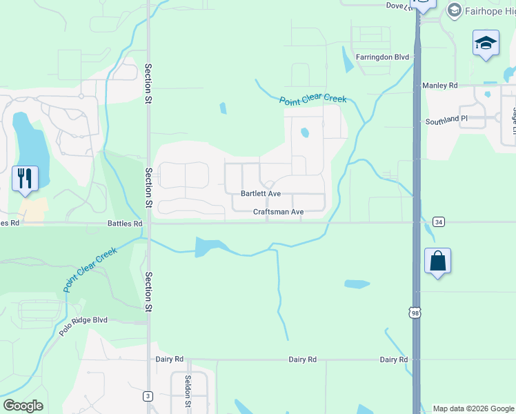 map of restaurants, bars, coffee shops, grocery stores, and more near 386 Craftsman Avenue in Fairhope