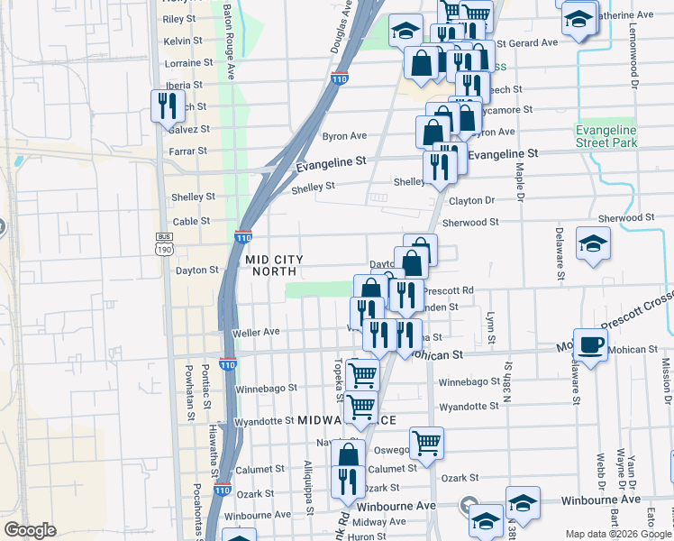 map of restaurants, bars, coffee shops, grocery stores, and more near 2840 Dayton Street in Baton Rouge