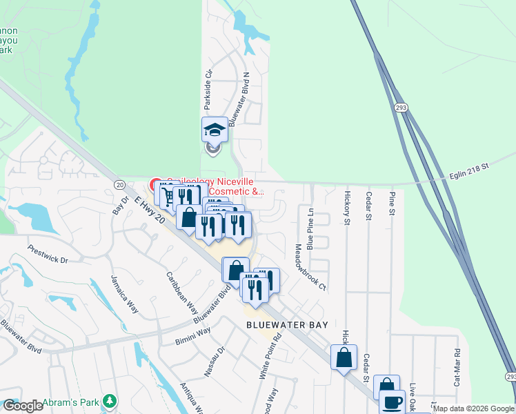 map of restaurants, bars, coffee shops, grocery stores, and more near 217 Parkwood Circle in Niceville