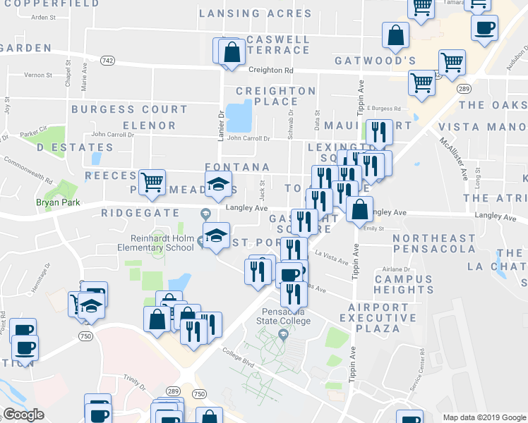 map of restaurants, bars, coffee shops, grocery stores, and more near 1893 Loyola Street in Pensacola