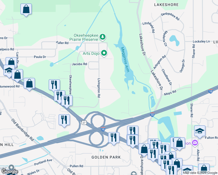 map of restaurants, bars, coffee shops, grocery stores, and more near 787 Livingston Court in Tallahassee