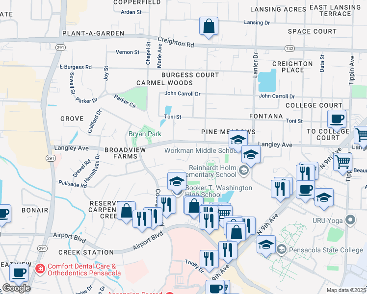 map of restaurants, bars, coffee shops, grocery stores, and more near 1325 Pinnacle Drive in Pensacola