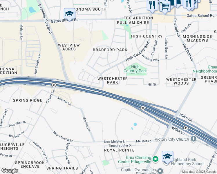 map of restaurants, bars, coffee shops, grocery stores, and more near 2845 Southampton Way in Round Rock