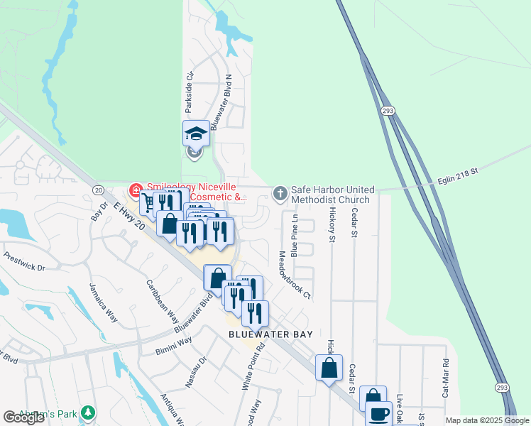 map of restaurants, bars, coffee shops, grocery stores, and more near 243 Parkwood Circle in Niceville