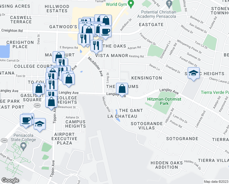 map of restaurants, bars, coffee shops, grocery stores, and more near 2836 Villager Circle in Pensacola