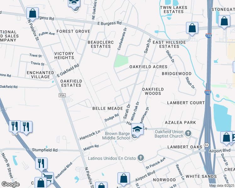 map of restaurants, bars, coffee shops, grocery stores, and more near 101 Czar Lane in Pensacola