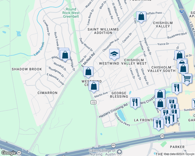map of restaurants, bars, coffee shops, grocery stores, and more near 1106 Lynda Sue Street in Round Rock