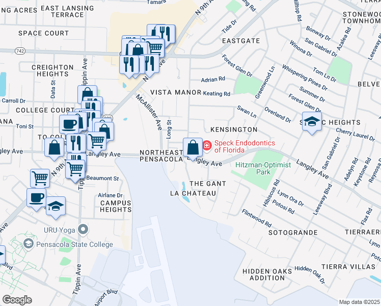 map of restaurants, bars, coffee shops, grocery stores, and more near 6305 Langley Place Road in Pensacola