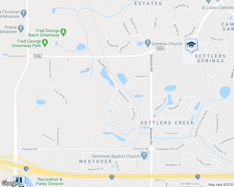 map of restaurants, bars, coffee shops, grocery stores, and more near 3399 Woodbriar Lane in Tallahassee