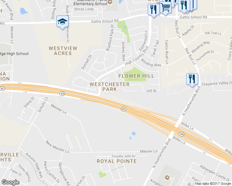 map of restaurants, bars, coffee shops, grocery stores, and more near 2833 Southampton Way in Round Rock