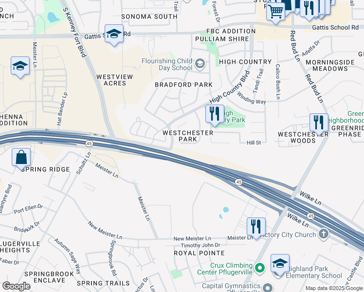 map of restaurants, bars, coffee shops, grocery stores, and more near 2845 Southampton Way in Round Rock