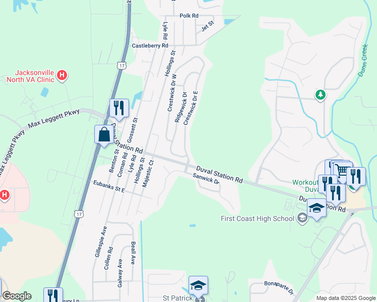 map of restaurants, bars, coffee shops, grocery stores, and more near 13913 Crestwick Drive East in Jacksonville