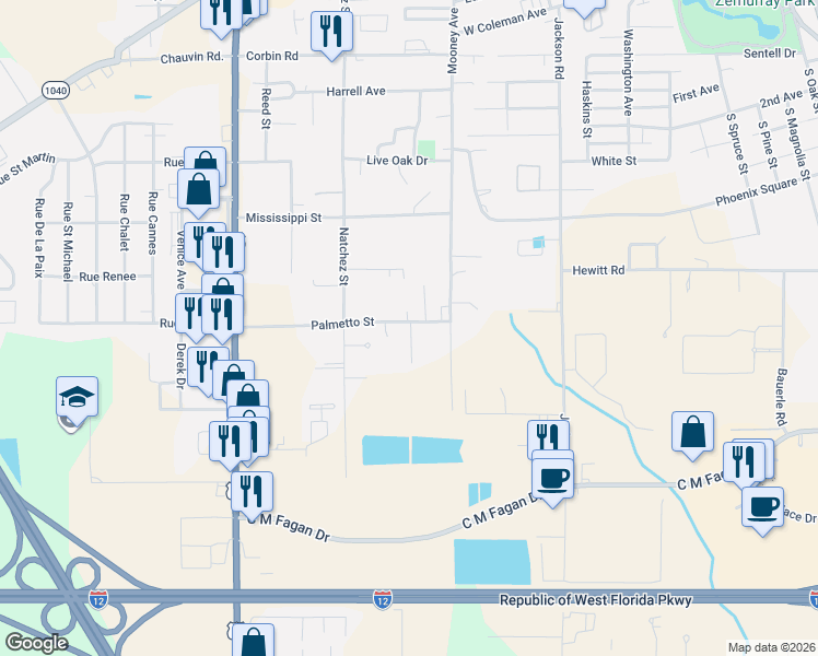 map of restaurants, bars, coffee shops, grocery stores, and more near 109 Lizzie Watts Lane in Hammond