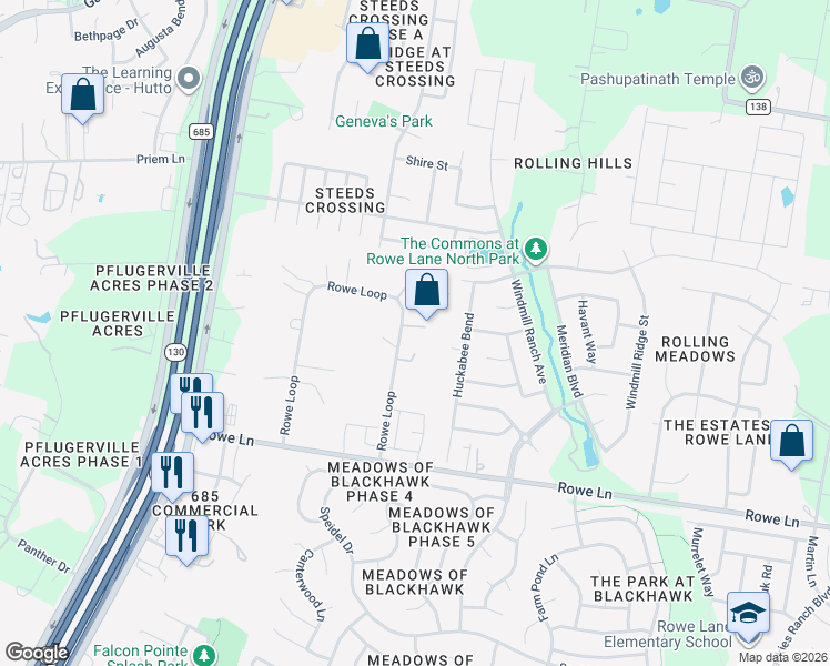 map of restaurants, bars, coffee shops, grocery stores, and more near 18 Rowe Lane in Pflugerville