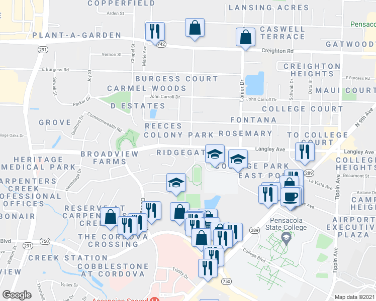 map of restaurants, bars, coffee shops, grocery stores, and more near 1481 Langley Avenue in Pensacola