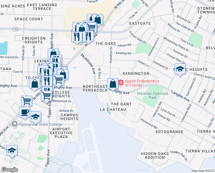 map of restaurants, bars, coffee shops, grocery stores, and more near 2950 Langley Avenue in Pensacola