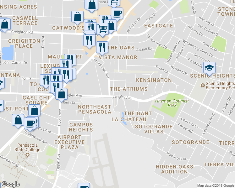 map of restaurants, bars, coffee shops, grocery stores, and more near 2831 Villager Circle in Pensacola