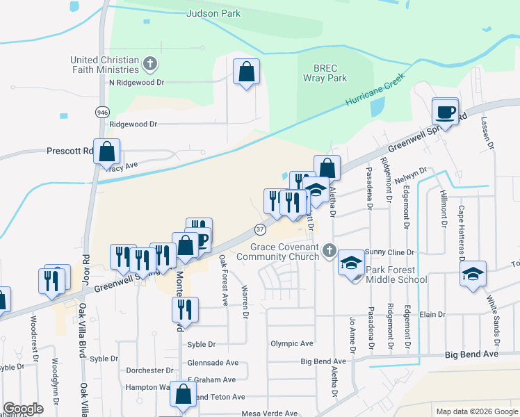 map of restaurants, bars, coffee shops, grocery stores, and more near 9727 Greenwell Springs Road in Baton Rouge