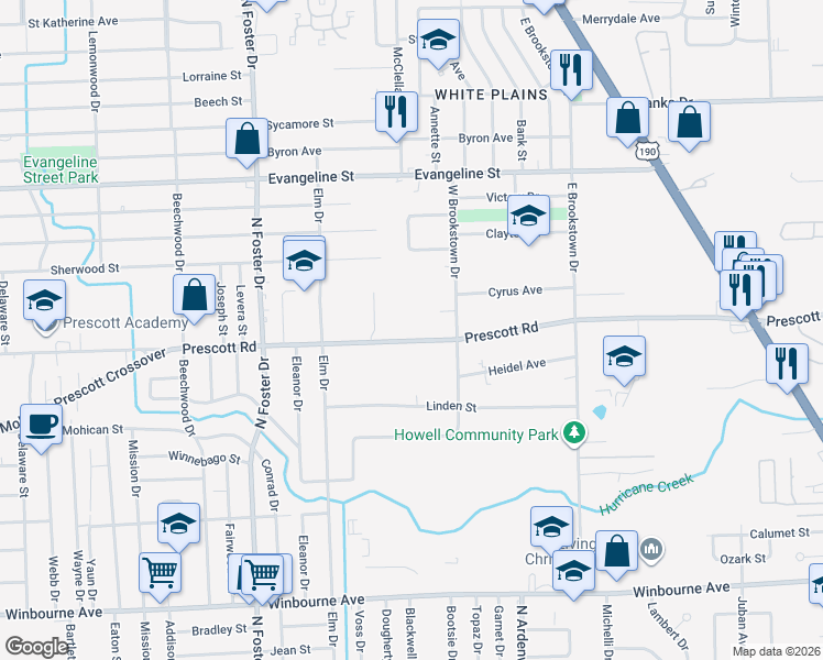 map of restaurants, bars, coffee shops, grocery stores, and more near 5610 Prescott Road in Baton Rouge