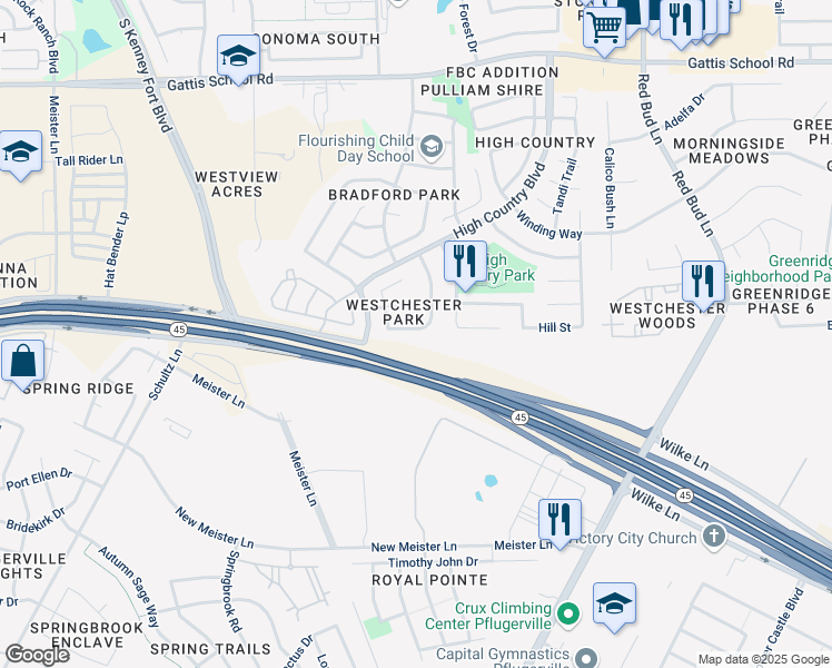 map of restaurants, bars, coffee shops, grocery stores, and more near 2833 Southampton Way in Round Rock