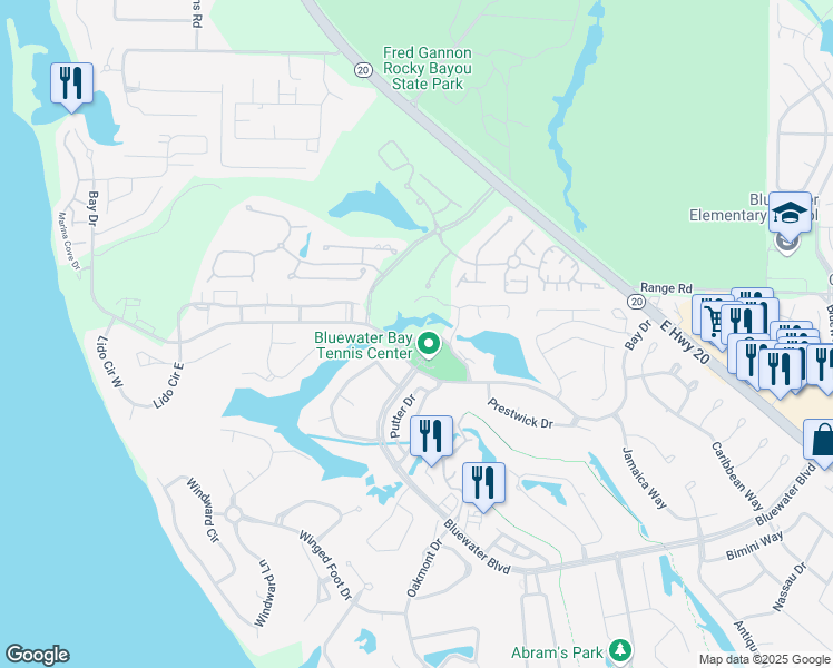 map of restaurants, bars, coffee shops, grocery stores, and more near 302 Westlake Court in Niceville