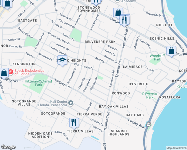 map of restaurants, bars, coffee shops, grocery stores, and more near 5830 Keystone Road in Pensacola