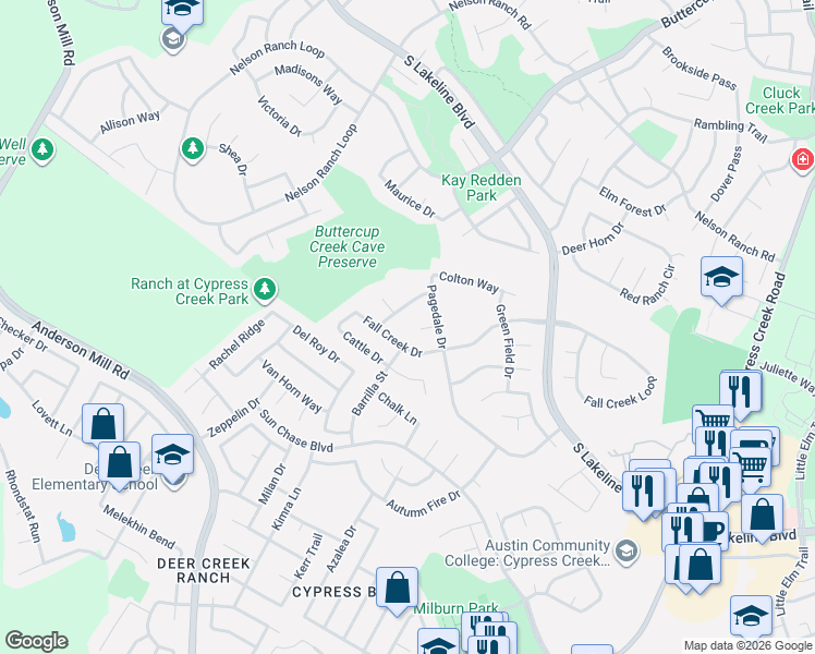 map of restaurants, bars, coffee shops, grocery stores, and more near 1709 Fall Creek Drive in Cedar Park