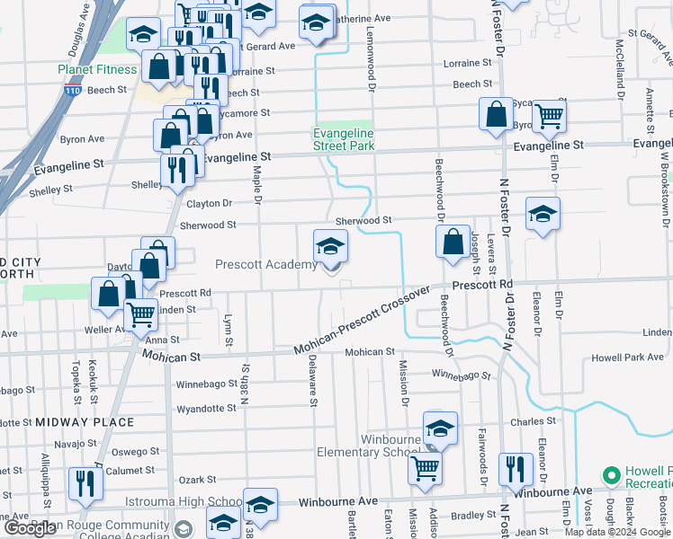 map of restaurants, bars, coffee shops, grocery stores, and more near 4055 Prescott Road in Baton Rouge