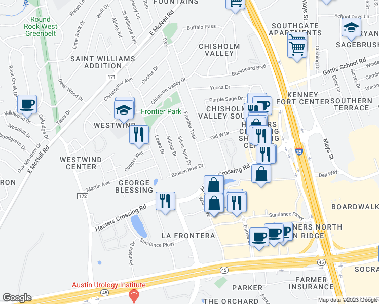 map of restaurants, bars, coffee shops, grocery stores, and more near 2400 Silver Spur Drive in Round Rock