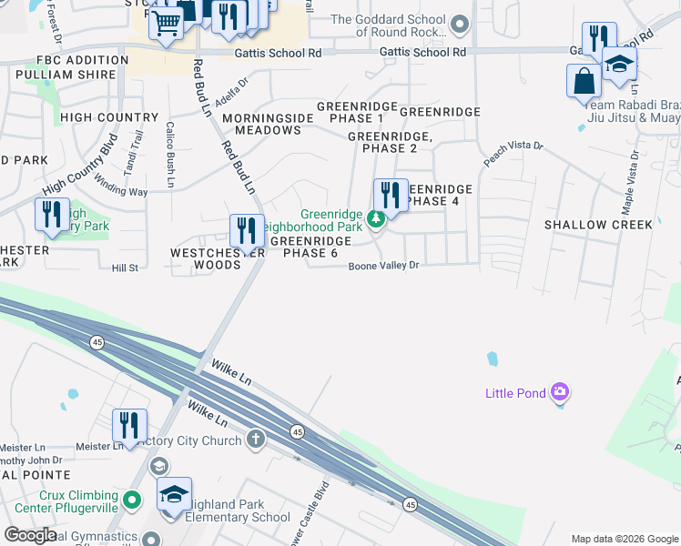 map of restaurants, bars, coffee shops, grocery stores, and more near 425 Boone Valley Drive in Round Rock