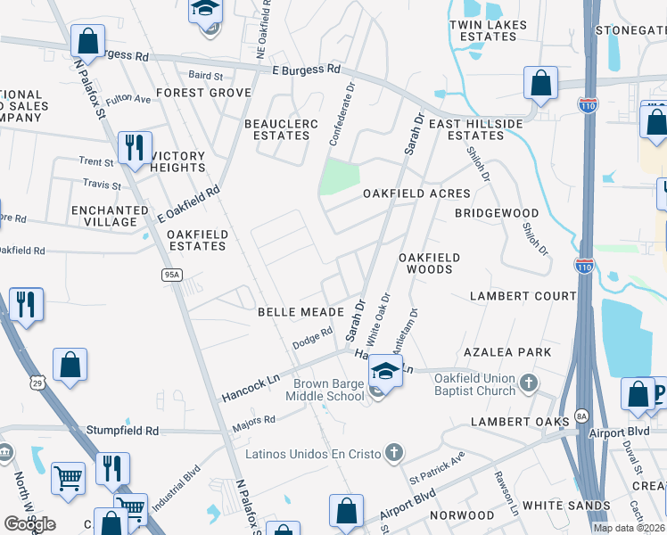 map of restaurants, bars, coffee shops, grocery stores, and more near 101 Czar Lane in Pensacola