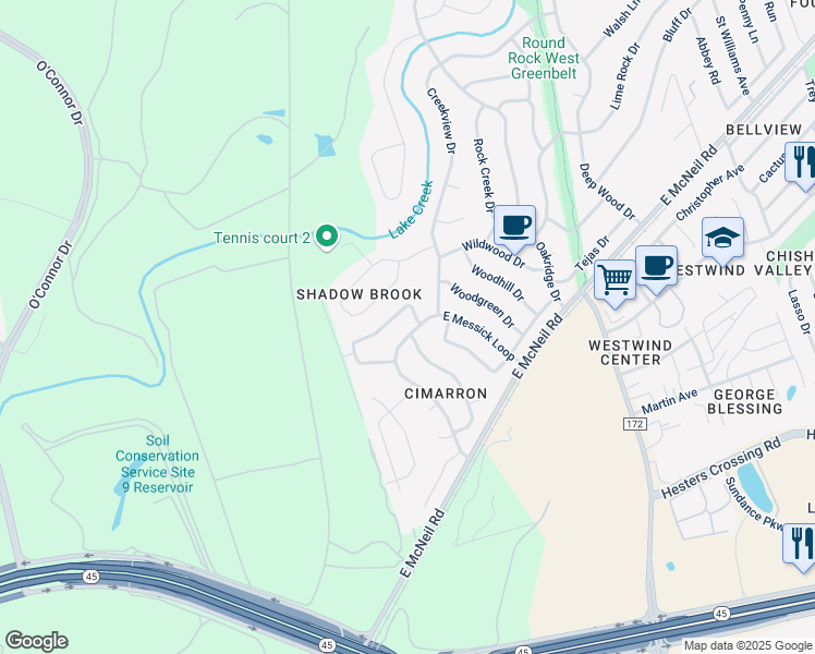 map of restaurants, bars, coffee shops, grocery stores, and more near 2407 West Messick Loop in Round Rock