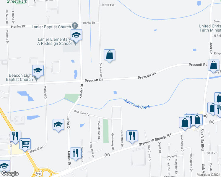 map of restaurants, bars, coffee shops, grocery stores, and more near 8244 Prescott Road in Baton Rouge