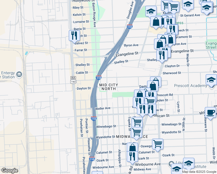 map of restaurants, bars, coffee shops, grocery stores, and more near  in Baton Rouge